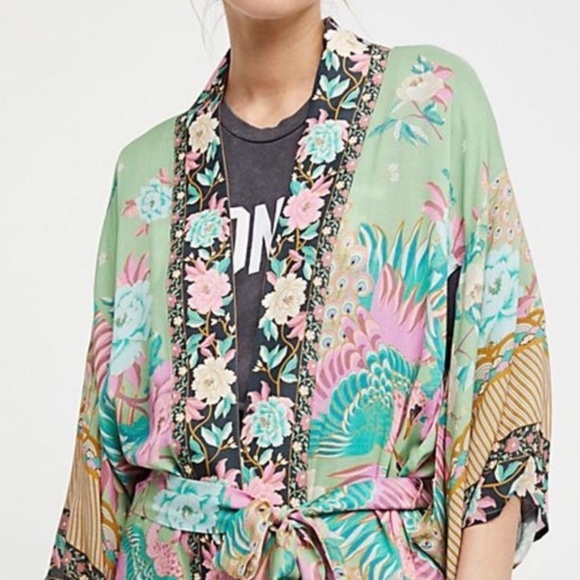 🎀 KIMONO ROBE CARDIGAN DUSTER  BOHO CHIC FLORAL KAFTAN CLOUD PASTEL FLOWER BELT - Picture 5 of 15